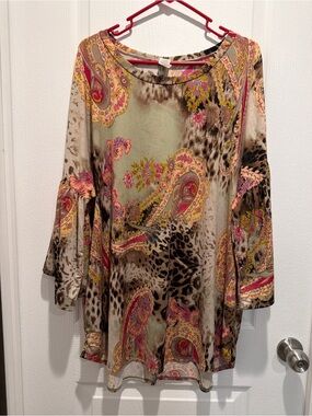 Boho Paisley Leopard Print Tunic Top 3X Flowy Bell Sleeve w/ Pockets